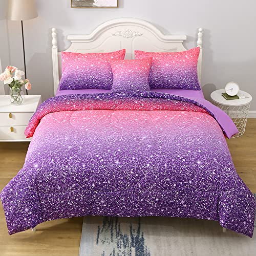 JQinHome Twin Pink Purple Comforter Set, 6 Piece Bed in A Bag 3D Colorful Bedding Set for Girls Kids (1 Comforter,2 Pillowcases,1 Flat Sheet,1 Fitted Sheet,1 Cushion Cover)(Pink Purple)