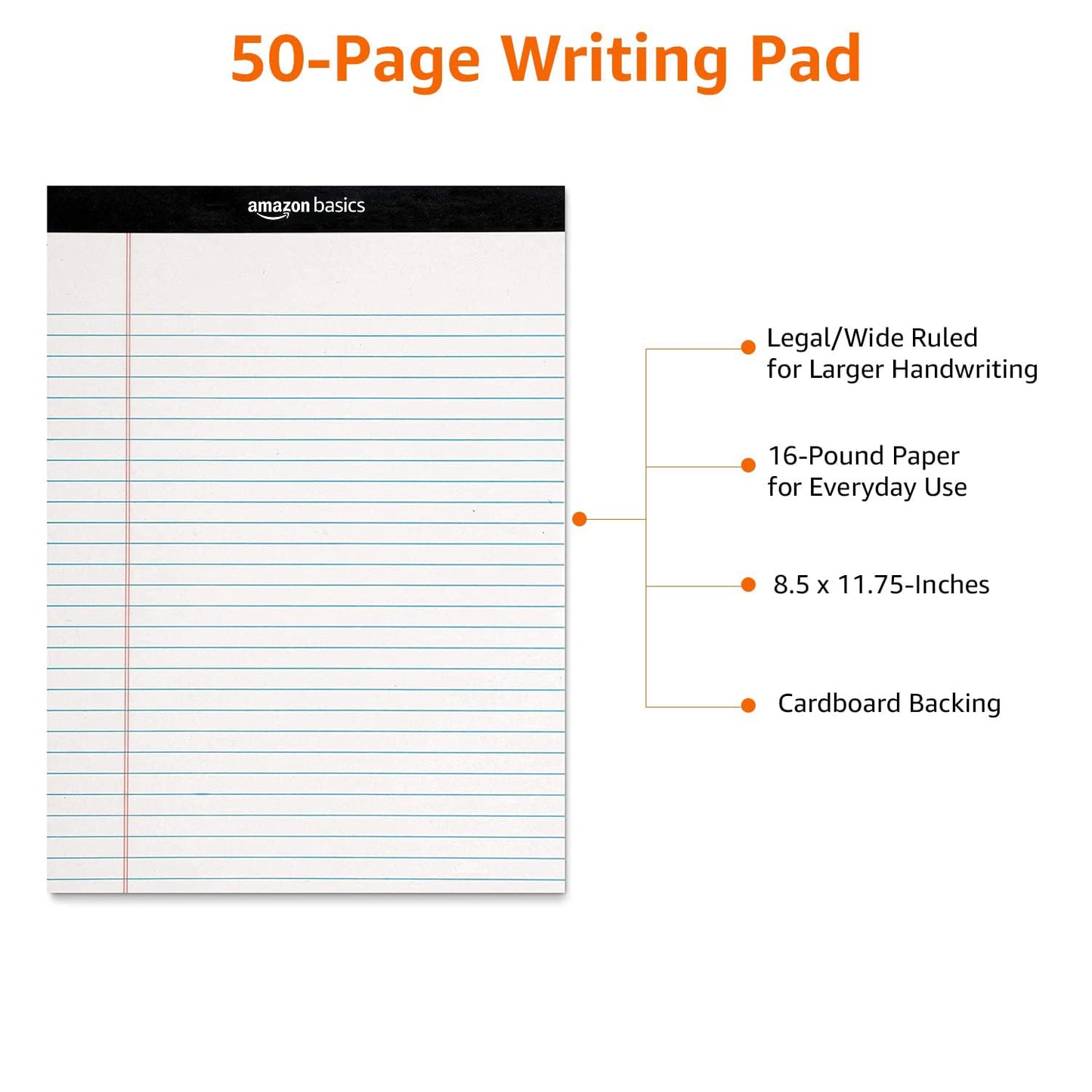 Amazon Basics Wide Ruled Lined Writing Note Pad, 8.5 inch x 11.75 inch, White, 12 Count ( 12 Pack of 50 )