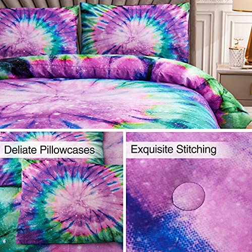 A Nice Night Bedding Tie Dye Galaxy Comforter Set, Psychedelic Swirl Pattern Colorful Boho, Boys Girls Bedding Quilt Sets (Purple, Twin(68-by-88-inches))