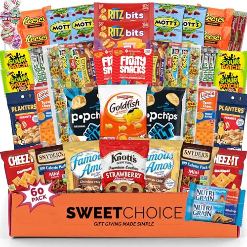 Snack box care package Candy Variety Pack snack pack(60 Count) Holiday Christmas Gift Baskets for Kids Adults Teens Family College Student - Crave Food Birthday Arrangement Candy Chips Cookies