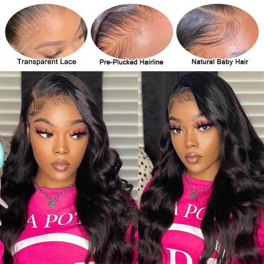 Lace Front Wigs Human Hair 22 Inch 13x4 Transparent Lace Frontal Wigs Human Hair 180% Density Body Wave Human Hair Wigs for Women Pre Plucked with Baby Hair Lace Frontal Wig Natural Black Human Hair