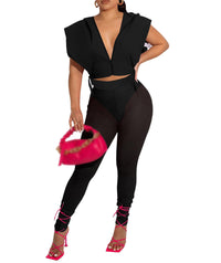 FYEARFOX Women's 2 Piece Outfits Zipper Sleeveless Hooded Crop Tops See Through Leggings Suit Set(BL,S)