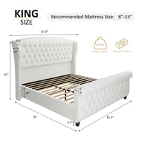 AMERLIFE King Size Platform Bed Frame, Chenille Upholstered Sleigh Bed with Scroll Wingback Headboard & Footboard/Button Tufted/No Box Spring Required/Cream