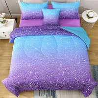 JQinHome Glitter Comforter Set Twin Size,6 Piece Bed in A Bag 3D Colorful Ombre Bedding Set for Girls Kids(1 Comforter,2 Pillowcases,1 Flat Sheet,1 Fitted Sheet,1 Cushion Cover)(Blue Purple)