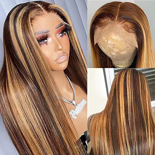 Highlight Ombre Lace Front Wig Human Hair 13x4 HD Transparent 4/27 Honey Blonde Lace Frontal Wigs Pre Plucked with Baby Hair 180% Density Straight Lace Front wigs Human Hair Colored 22 Inch