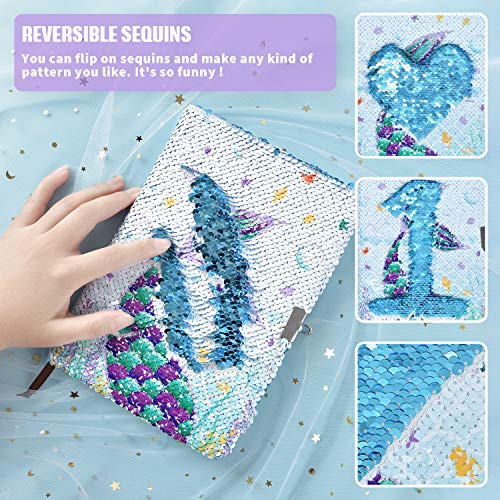 Sequins Notebook Set - Sparkly Mermaid Gift for Girls Kids Christmas Birthday Notebooks Journal Diary with Lock School Travel A5 Lined Memos Writing Drawing Notepad Ballpoint Pen Bracelet Key-chain