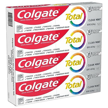 Colgate Total Clean Mint Toothpaste, 10 Benefits, No Trade-Offs, Freshens Breath, Whitens Teeth and Provides Sensitivity Relief, Clean Mint Flavor, 4 Pack, 5.1 Oz Tubes