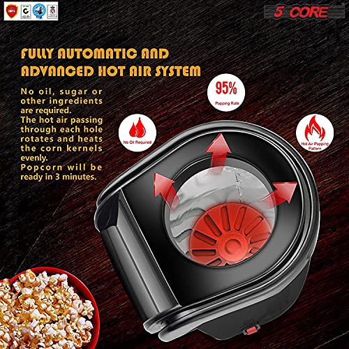 5 Core Hot Air Popcorn Popper 1200W Electric Popcorn Machine Kernel Corn Maker, Bpa Free, 16 Cups, 95% Popping Rate, 3 Minutes Fast, No Oil Healthy Snack for Kids Adults, Home, Party & Gift POP B