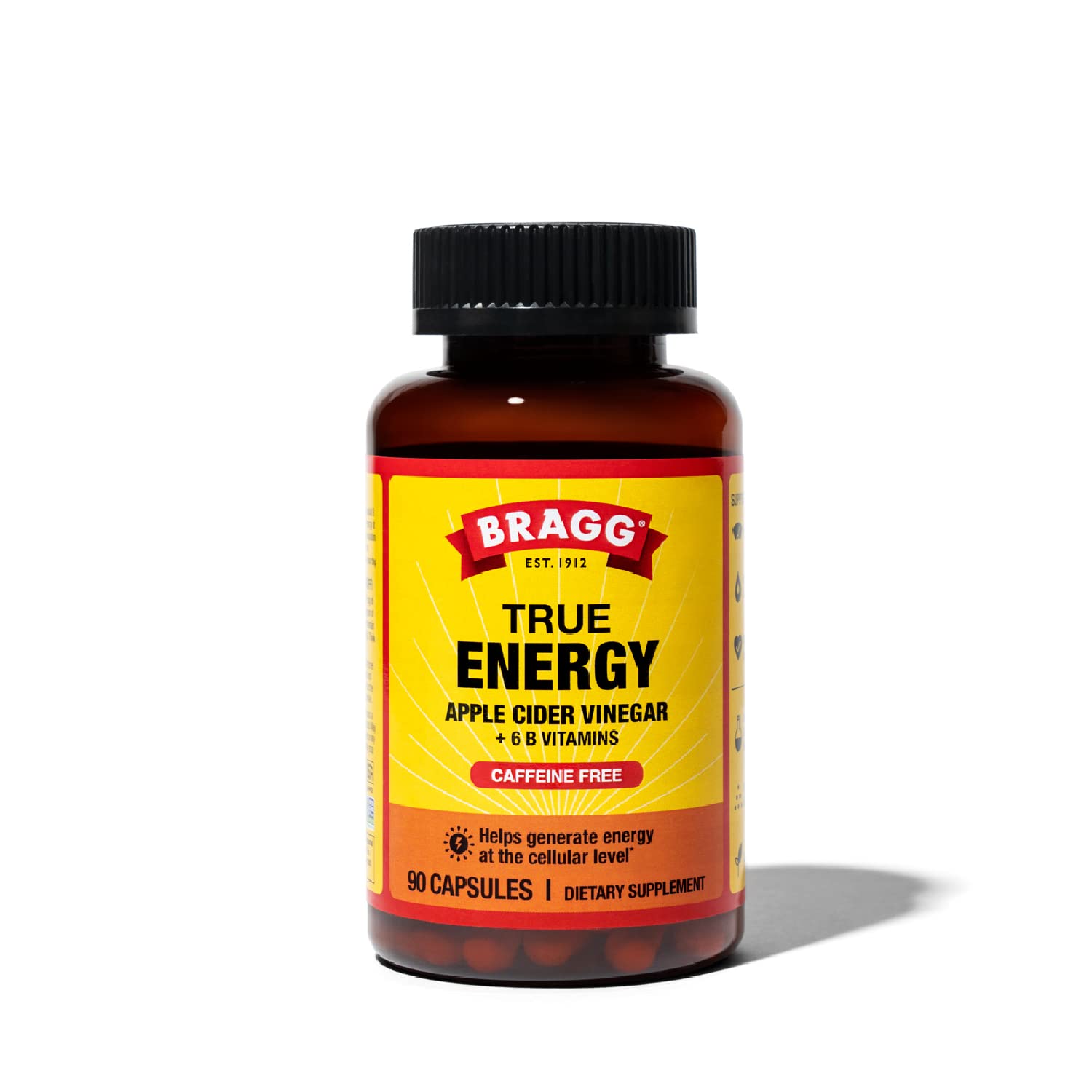 Bragg Apple Cider Vinegar True Energy Capsules – 6 B Vitamins – Caffeine Free - 750mg of Acetic Acid – Weight Management - Non-GMO, Vegan, Gluten Free, No Sugar - (90 Pills)… (1)