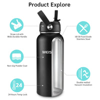 Insulated Water Bottle With Straw 32oz, Sports Water Bottle 1 Liter, Reusable Wide Mouth Vacuum 18/8 Stainless Steel Thermos Flask, Double Wall, BPA-Free (black, 32oz)