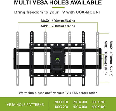 USX MOUNT Full Motion TV Wall Mount for Most 47-84 inch Flat Screen/LED/4K TV, Mount Bracket Dual Swivel Articulating Tilt 6 Arms, Max VESA 600x400mm, Holds up to 132lbs, Fits 8” 12” 16" Wood Studs