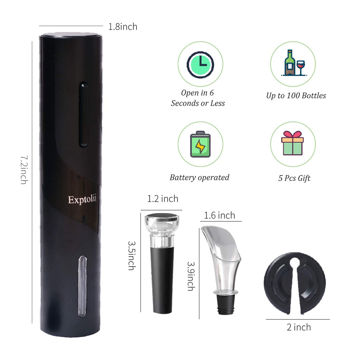 Exptolii Electric Wine Opener, Automatic Bottle Corkscrew with Foil Cutter, Vacuum Stopper and Wine Aerator Pourer