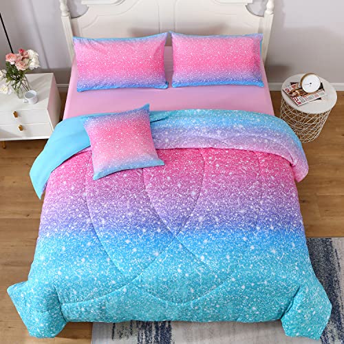 JQinHome Glitter Comforter Set Twin Size,6 Piece Bed in A Bag 3D Colorful Duvet Pink Blue Bedding Sets for Girls Kids - (1 Comforter,2 Pillowcases, 1 Flat Sheet, 1 Fitted Sheet, 1 Cushion Cover)