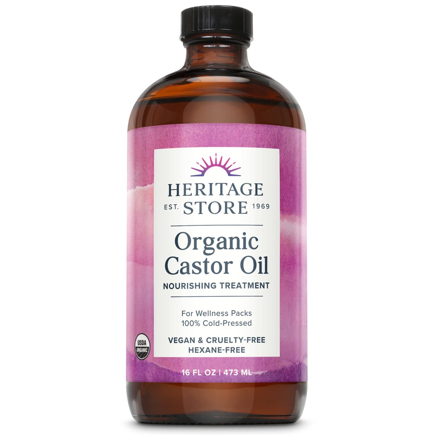 Heritage Store Organic Castor, Glass Bottle, Cold Pressed, Rich Hydration for Hair & Skin, Bold Lashes & Brows | 16oz