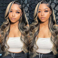 Geeta FB/27 Balayage Highlight Lace Front Wig Human Hair Pre Plucked 13x4 HD Lace Ombre Body Wave Wig 180 Percent Density Glusless Wigs Human Hair for Women 18 Inch…
