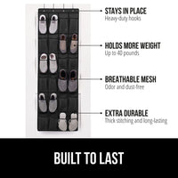 Gorilla Grip Slip Resistant Breathable Space Saving Mesh Large 24 Pocket Shoe Organizer, Up to 40 Pounds, Over the Door, Sturdy Closet Storage Rack Hangs on Closets for Shoes, Sneakers, Black
