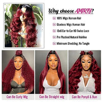 AMIRTY 200 Density 13x6 Burgundy Lace Front Wigs Human Hair Pre Plucked 13x6 HD Transparent 1B/99J Lace Front Wigs Human Hair dark cherry Red Wig Human Hair for Women Glueless Wig 18Inch