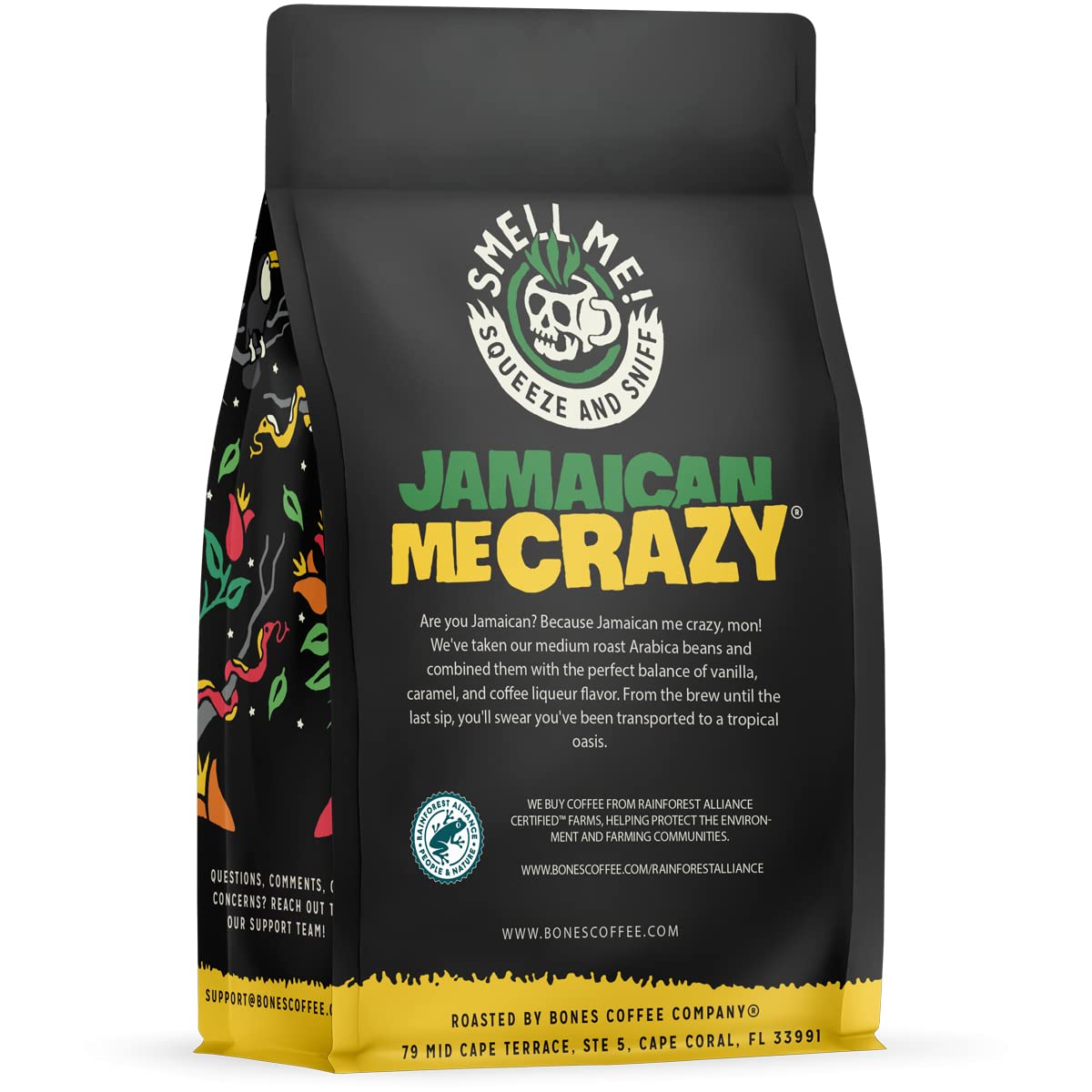 Bones Coffee Company Jamaican Me Crazy Ground Coffee Beans Vanilla Caramel, and Coffee Liqueur Flavor | 12 oz Medium Roast Low Acid Coffee | Flavored Coffee Gifts & Beverages (Ground)