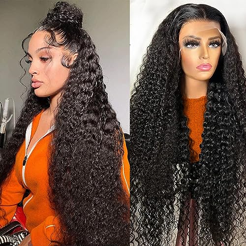 Hswpawk 13x6 Deep Wave Lace Front Wigs Human Hair HD Transparent Lace Front Wigs Human Hair Pre Plucked 180% Density Glueless Wigs Human Hair with Baby Hair Deep Curly Wigs for Women Natural Color 24