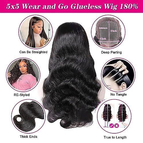 Wear and Go Glueless Lace Closure Wig for Beginners - 5x5 HD Lace, 180% Density Body Wave, Pre-Plucked and Pre-Cut - 26 Inch