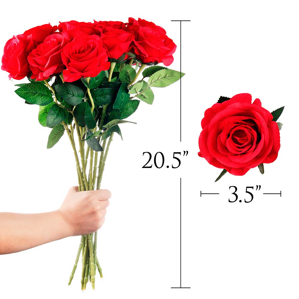 Mocoosy 12PCS Red Roses Artificial Silk Flowers, Fake Roses with Long Stems Realistic Faux Rose Bouquets for Wedding Decorations Bridal Shower Floral Arrangements Party Home Table Decor