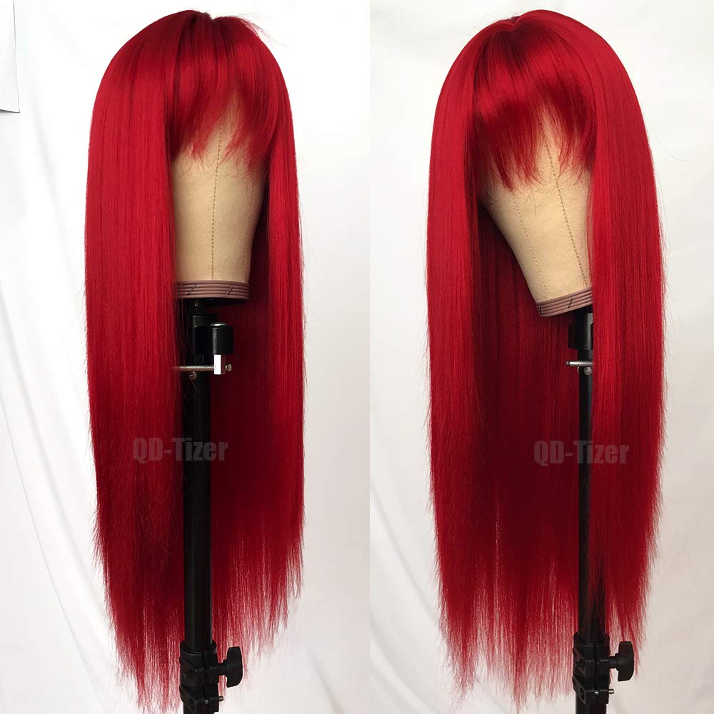 QD-Tizer Red Color Long Silky Straight Wigs with Bangs Synthetic No Lace Wig for Fashion Women Heat Resistant Natural Looking Hair Wig for Party Cosplay