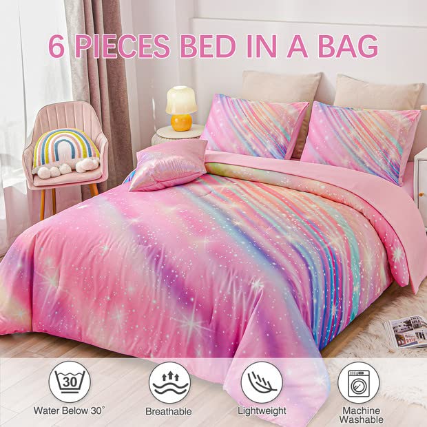 Btargot Super Soft 6 Pieces Gradient Star Ring Comforter Set, Colorful Glitter Rainbow Star Pattern Bedding Set for Boys Girls Teens,Twin Pink