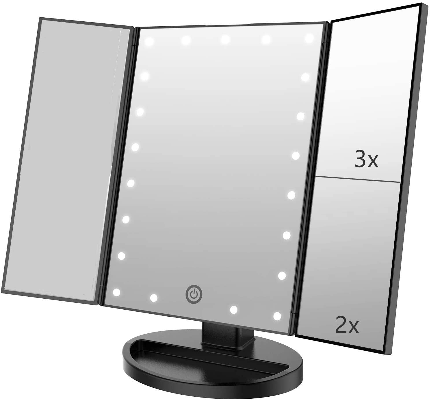 Flymiro Tri-fold Lighted Vanity Makeup Mirror with 3x/2x/1x Magnification, 21Leds Light and Touch Screen,180 Degree Free Rotation Countertop Travel Cosmetic Mirror (Black)
