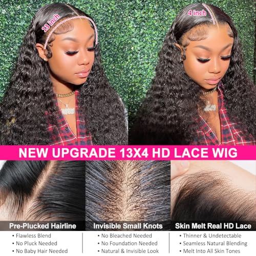 Pizazz 13x4 Human Hair Lace Front Wigs for Black Women Glueless 180 Density HD Transparent Deep Wave Frontal wig with Baby Hair Pre Plucked Bleached Knots(14 Inch, Black color)