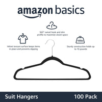 Amazon Basics Slim Velvet, Non-Slip Suit Clothes Hangers, Pack of 100, Black/Silver