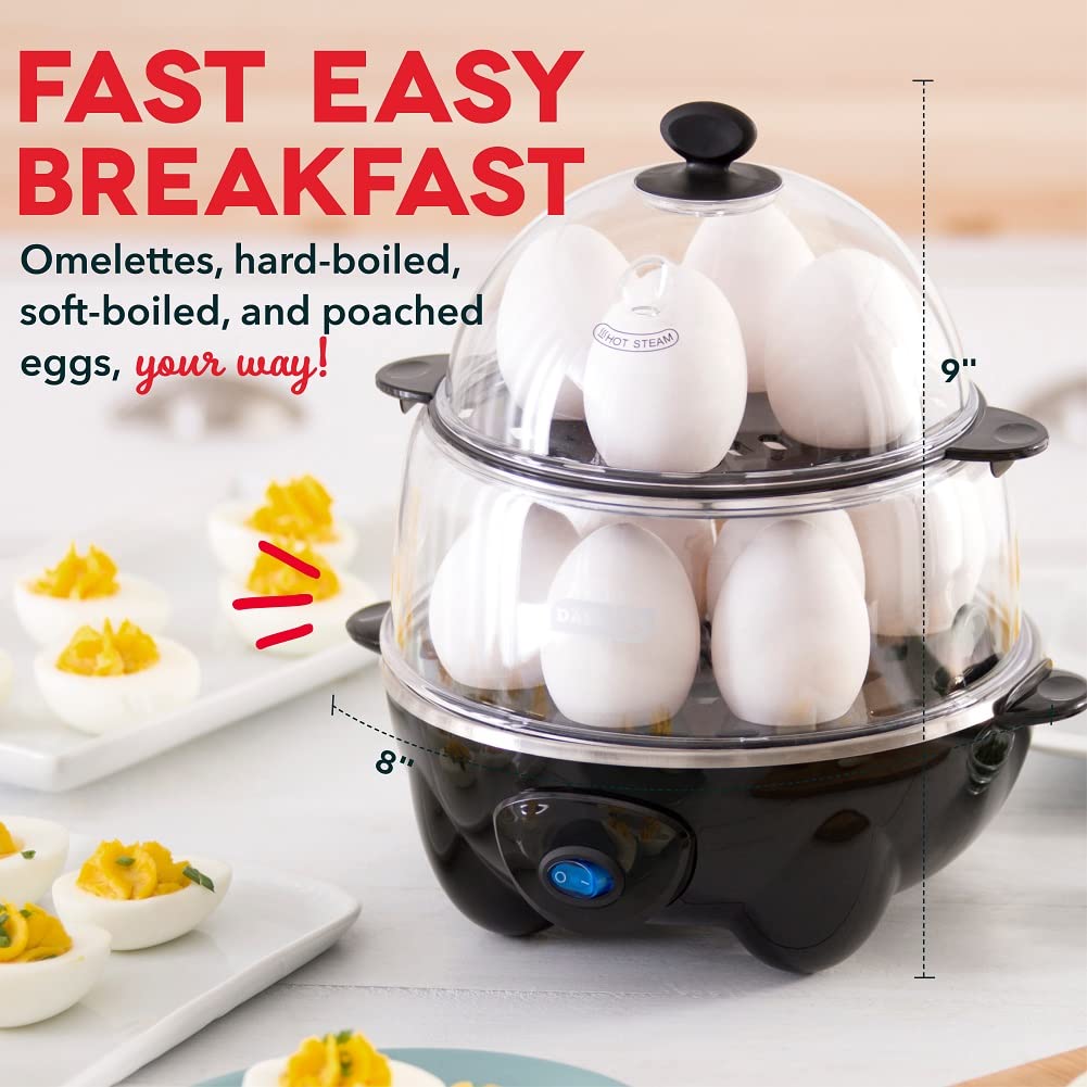 DASH Deluxe Rapid Egg Cooker for Hard Boiled, Poached, Scrambled Eggs, Omelets, Steamed Vegetables, Dumplings & More, 12 capacity, with Auto Shut Off Feature - Black