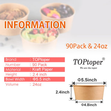TOPtoper 24 Oz Large Paper Bowls, 90 Pack Disposable Soup Bowls Plastic Free Party Supplies for Hot/Cold Food, Soup (24 OZ)