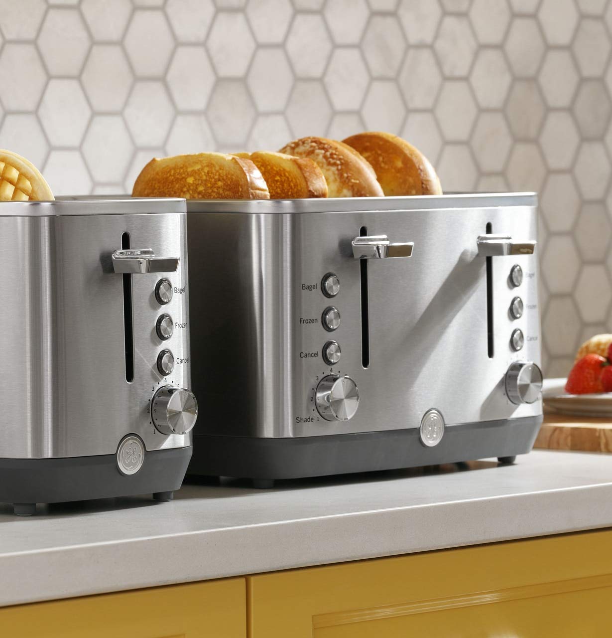 GE Stainless Steel Toaster | 2 Slice | Extra Wide Slots for Toasting Bagels, Breads, Waffles & More | 7 Shade Options for the Entire Household to Enjoy | Countertop Kitchen Essentials | 850 Watts