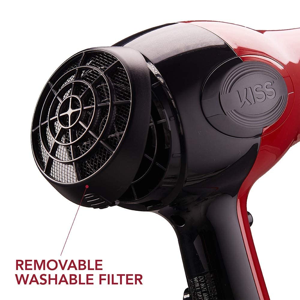 KISS 1875 Watt Pro Tourmaline Ceramic Hair Dryer, 3 Heat Settings, 2 Speed Slide Switch, Cool Shot Button, 2 Detangler Combs, 1 Concentrator, 1 Diffuser, Removable Filter Cap & 4 Sectioning Clips Red