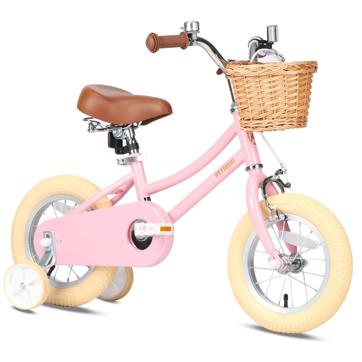 Petimini 14 Inch Little Kids Bike for Age 3 4 5 Years Old Girls Retro Vintage Style Bicycles with Basket Training Wheels and Bell, Pink