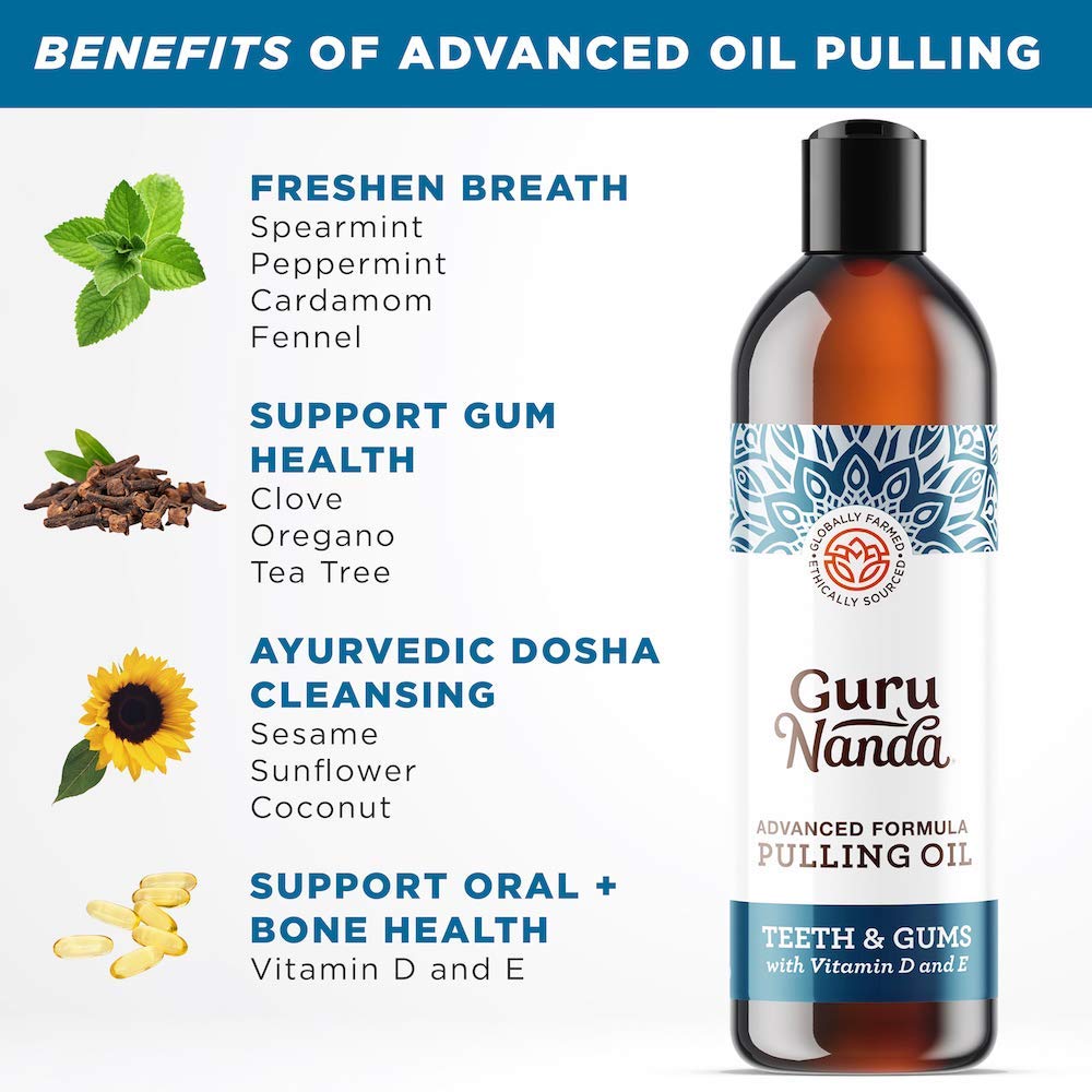 GuruNanda Original Oil Pulling Oil, Fluoride Free Vegan Natural Mouthwash & Advanced Formula Oil Pulling - Natural Coconut Oil Mouthwash with Essential Oils