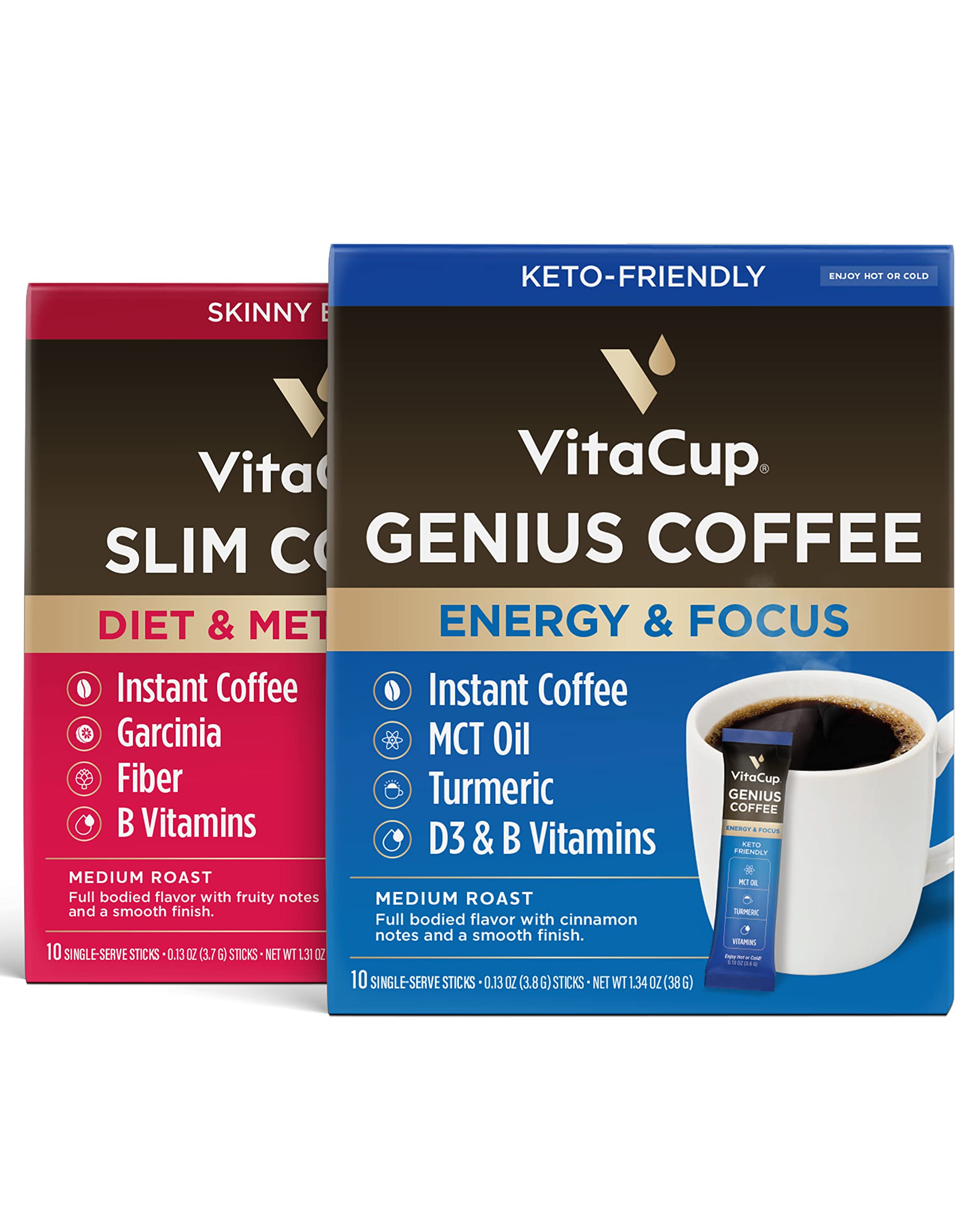 VitaCup Instant Coffee Stick (20) Count Bundle | Genius & Slim Blend | Superfood & Vitamins B1, B5, B6, B9, B12, & D3 Infused | Vegan | Enjoy Hot or Cold