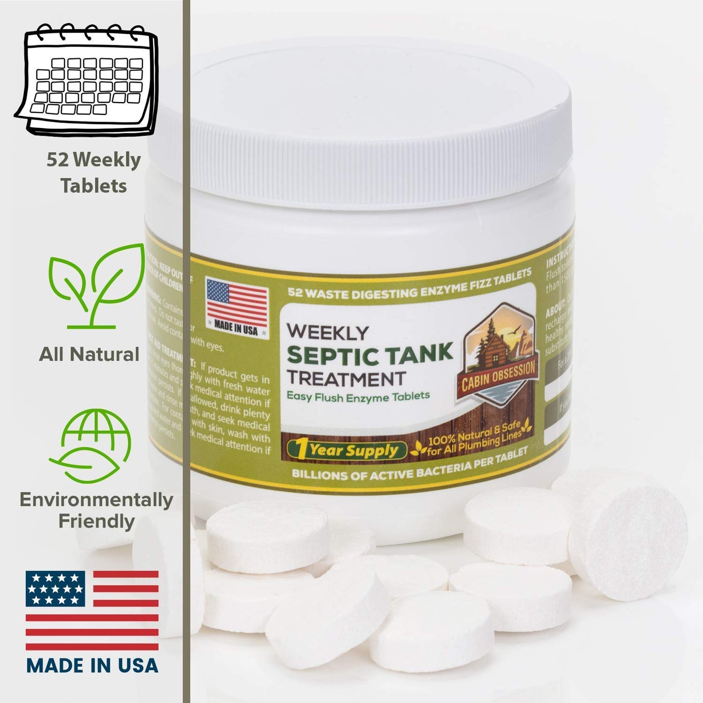 Septic Tank Treatment - 2 Year Supply (12 Monthly Packets + 52 Weekly Fizz Tabs) or Double Dose 1 Year Supply for Larger Tanks - Made in USA