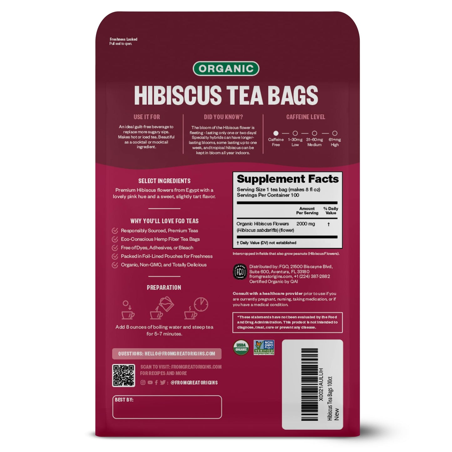 FGO Organic Hibiscus Tea, Eco-Conscious Tea Bags, 100 Count, Packaging May Vary (Pack of 1)