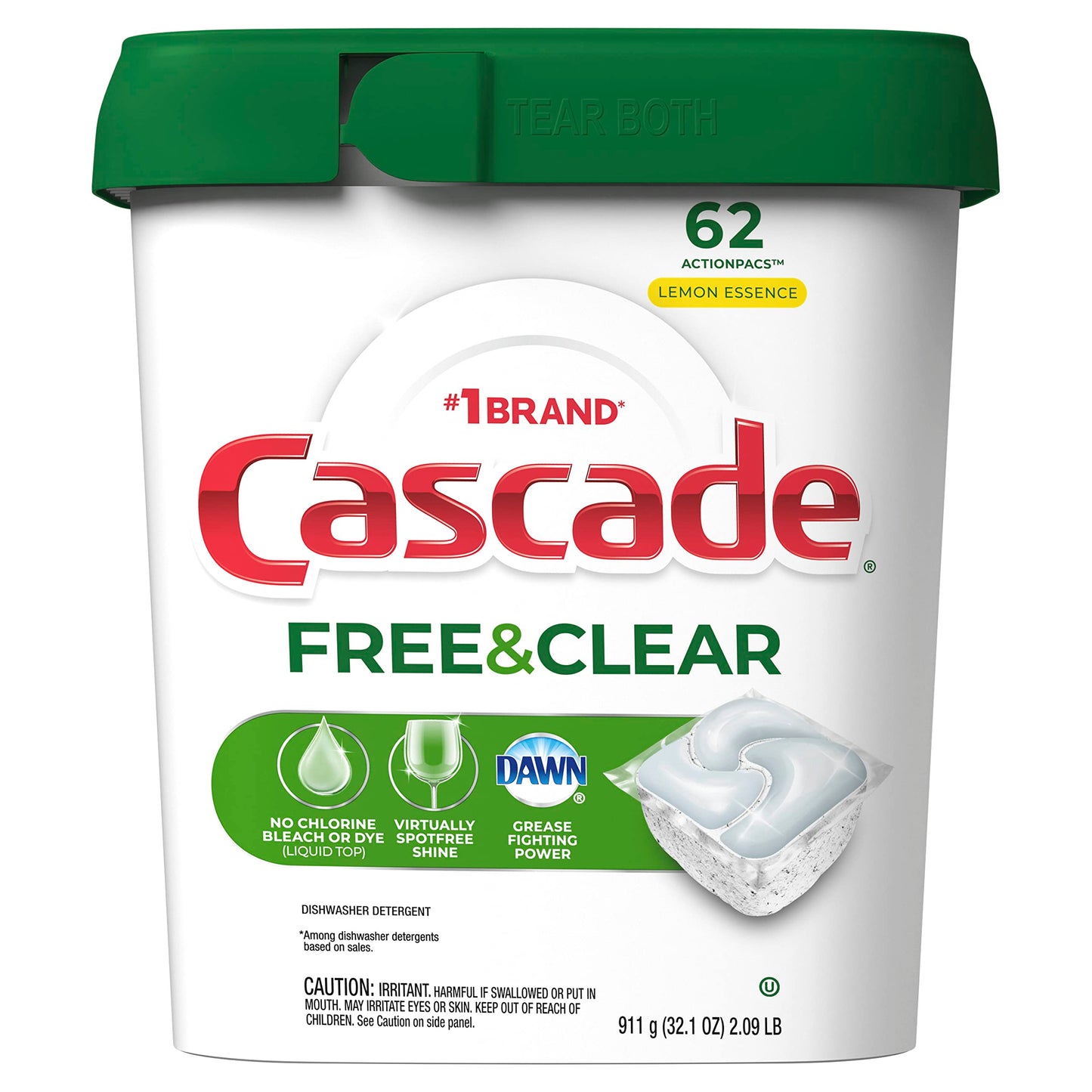 Cascade Free & Clear ActionPacs, Dishwasher Detergent, Lemon Essence, 62 Count