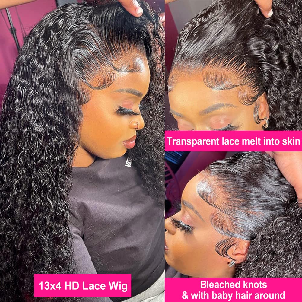 Pizazz 13x4 HD Transparent Lace Front Wigs Human Hair Pre plucked Bleached Knots with Baby Hair 180 Density Brazilian Deep Wave Frontal Wigs for Black Women(26 Inch, Black color)