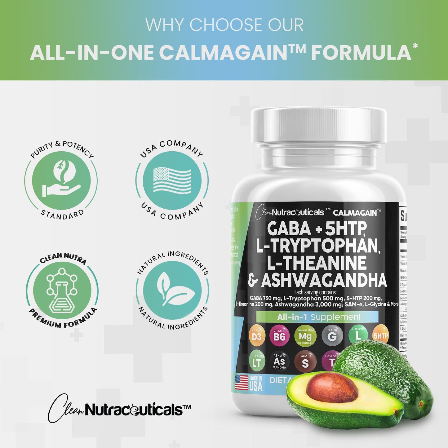 Clean Nutraceuticals GABA 750mg 5 HTP 200mg L Tryptophan 500mg L Theanine 200mg Ashwagandha 3000mg SAM-e L-Glycine - Mood Support Vitamins for Women and Men with L-Tyrosine - Made in USA 60 Caps