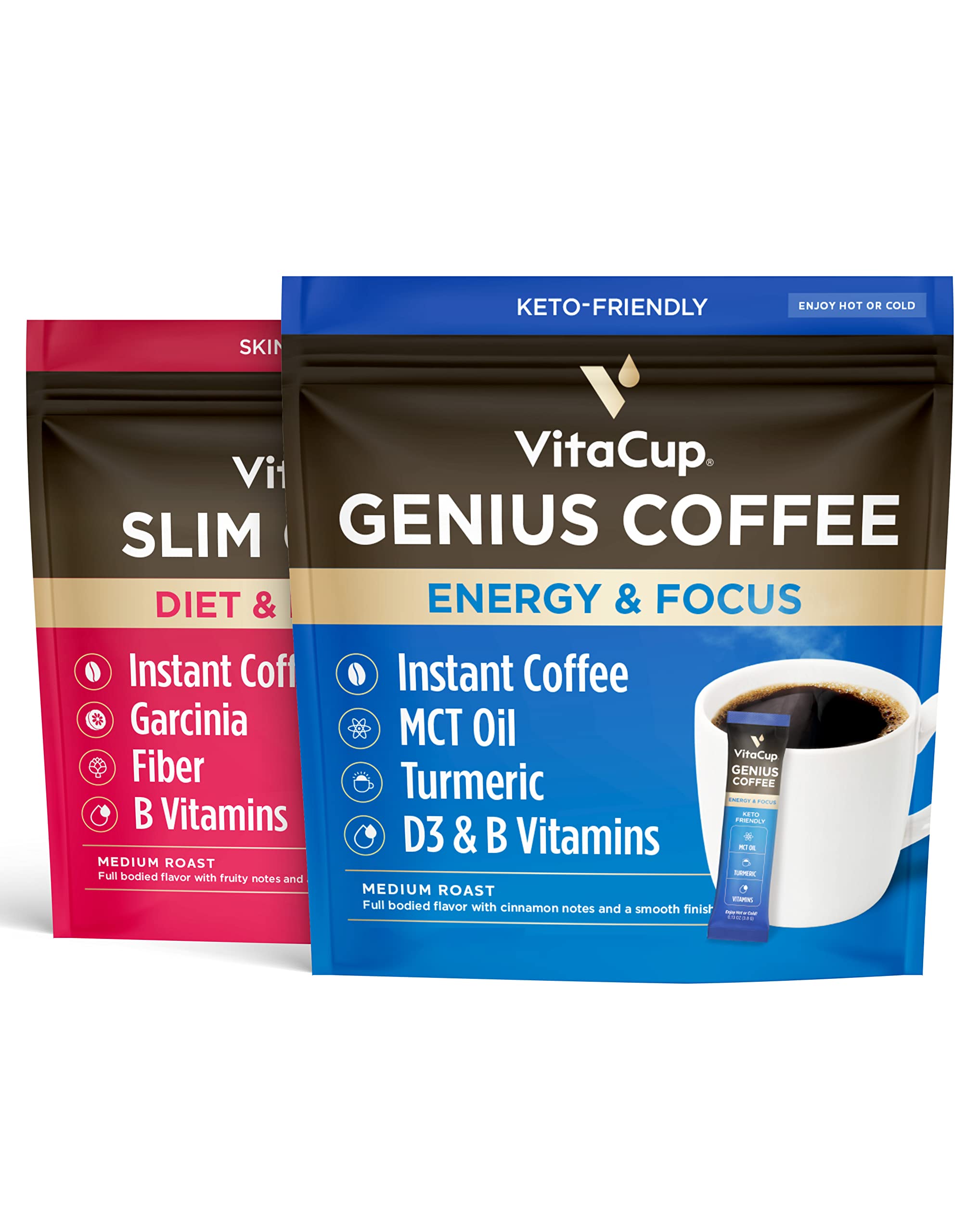 VitaCup Instant Coffee Stick (48) Count Bundle | Genius & Slim Blend | Superfood & Vitamins B1, B5, B6, B9, B12, & D3 Infused | Vegan | Enjoy Hot or Cold