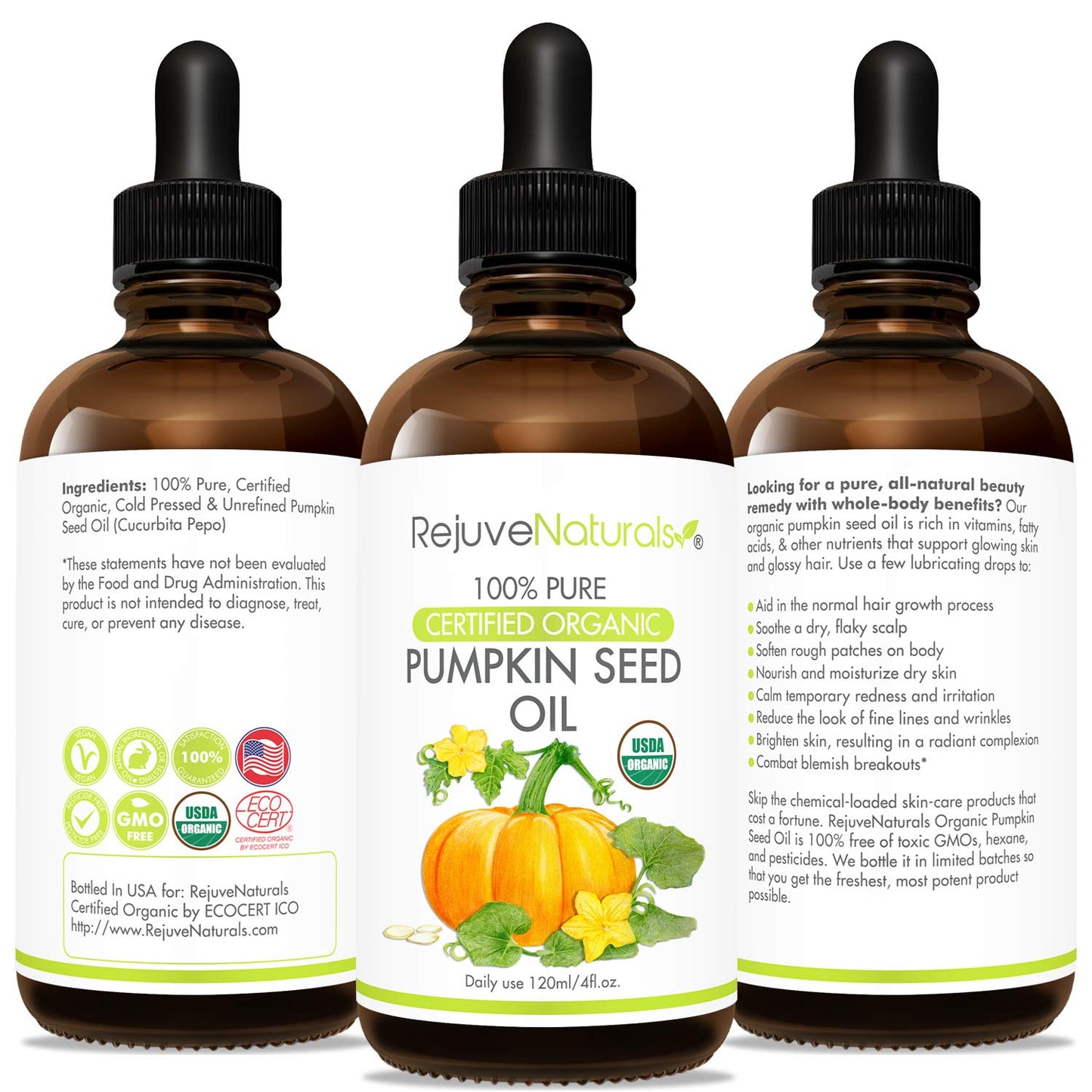 Organic Pumpkin Seed Oil (LARGE 4-OZ Bottle) USDA Certified Organic, 100% Pure, Cold Pressed. Boost Hair Growth for Eyelashes, Eyebrows & Hair. Overactive Bladder Control for Men & Women. Moisturizer