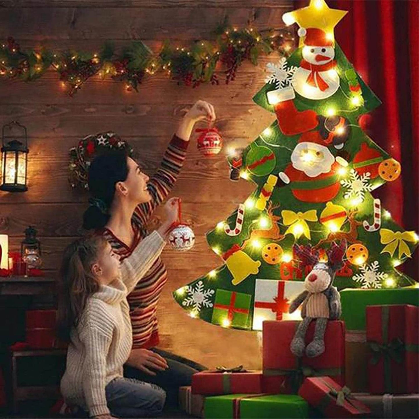 Montessori Christmas Tree for Toddlers, Montessori Christmas Tree with Lights, Kids Interactive Christmas Tree with 21Pcs Detachable Tree Ornaments for Kid Wall