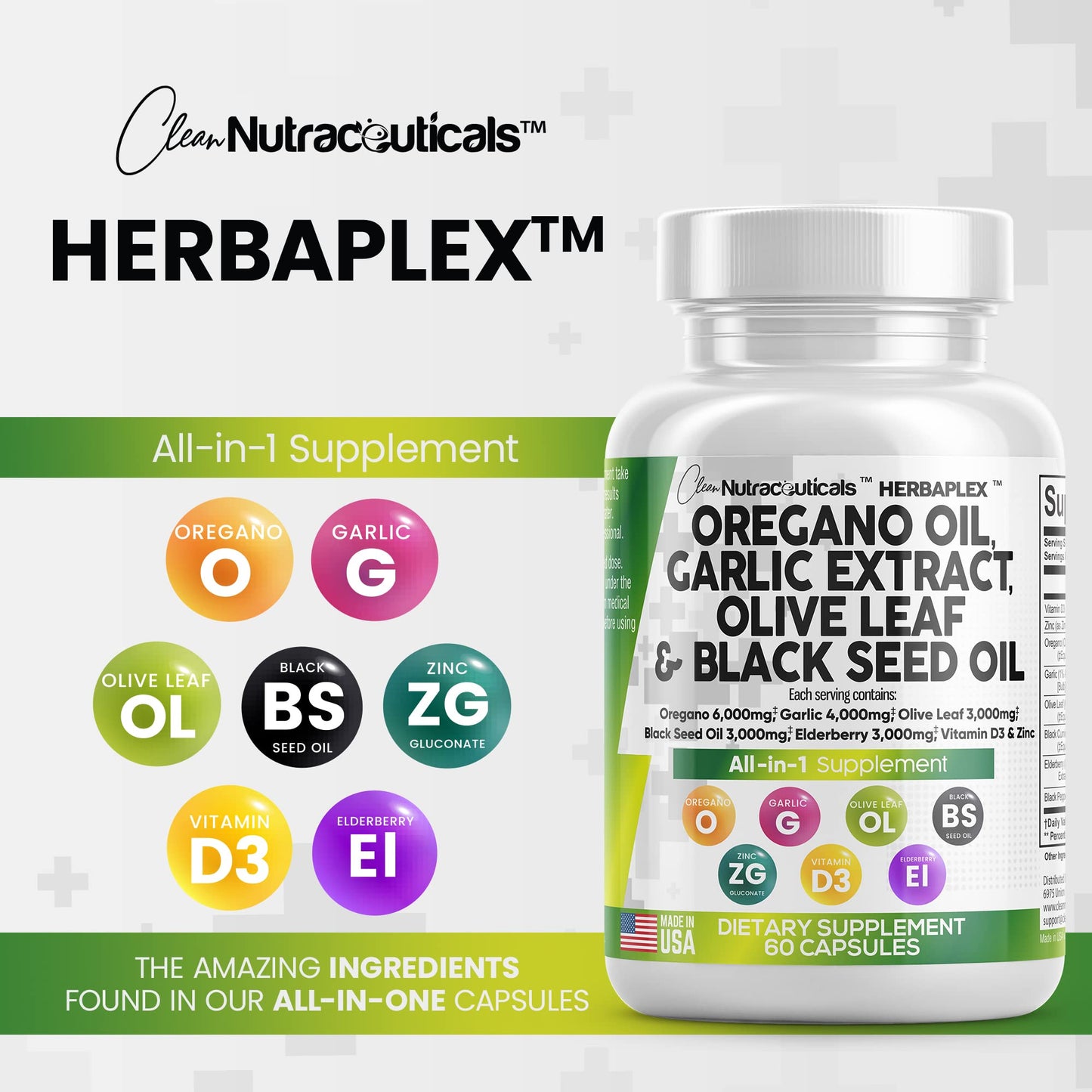 Oregano Oil 6000mg Garlic Extract 4000mg Olive Leaf 3000mg Black Seed Oil 3000mg - Immune Support & Digestive Health Supplement for Women and Men with Vitamin D3 and Zinc - Made in USA 60 Caps