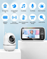 Baby Monitor with Camera and Audio - 5” Display Video Baby Monitor with 29 Hour Battery Life, Remote Pan & Tilt, 2X Zoom,Auto Night Vision, 2 Way Talk, Temperature Sensor,Lullabies,960 Feet Range