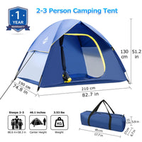 GLADTOP Camping Tent 1/2/3 Person Tent with Removable Rainfly and Carry Bag, Easy Set Up Portable Tent, Lightweight Outdoor Tent for Backpacking, Hiking