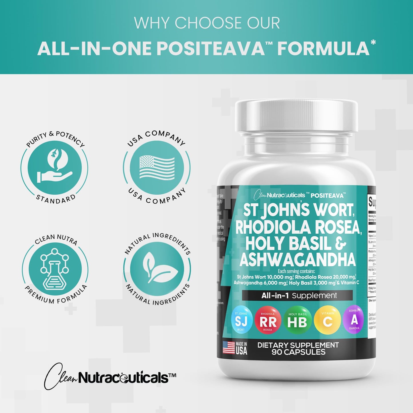 Clean Nutraceuticals St Johns Wort 10000mg Rhodiola Rosea 20000mg Holy Basil 3000mg Ashwagandha 6000mg - Mood Support for Women and Men with Vitamin C & Black Pepper Extract - Made in USA 90 Caps