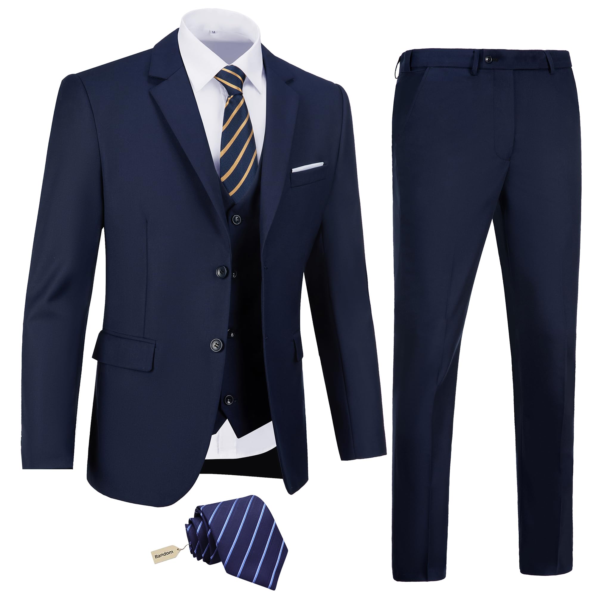 Men Suits Slim Fit Navy Blue Business Wedding 3 Piece Tux Groomsmen Prom Blazer Jacket Vest Pants with Tie Men Suit Set M